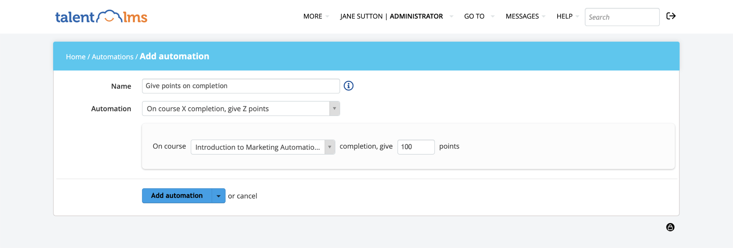 TalentLMS automations: Assign points on course completion example