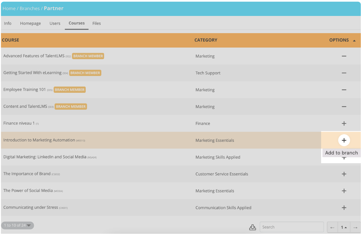TalentLMS branches: Adding courses to a branch