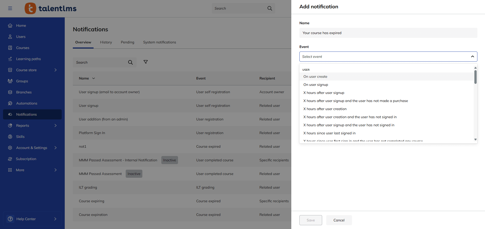Screenshot of TalentLMS notifications feature