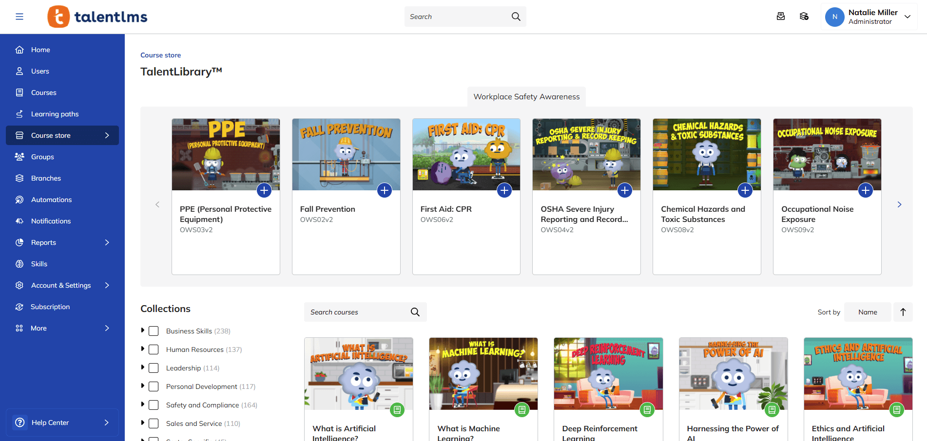 Screenshot of content library in TalentLMS