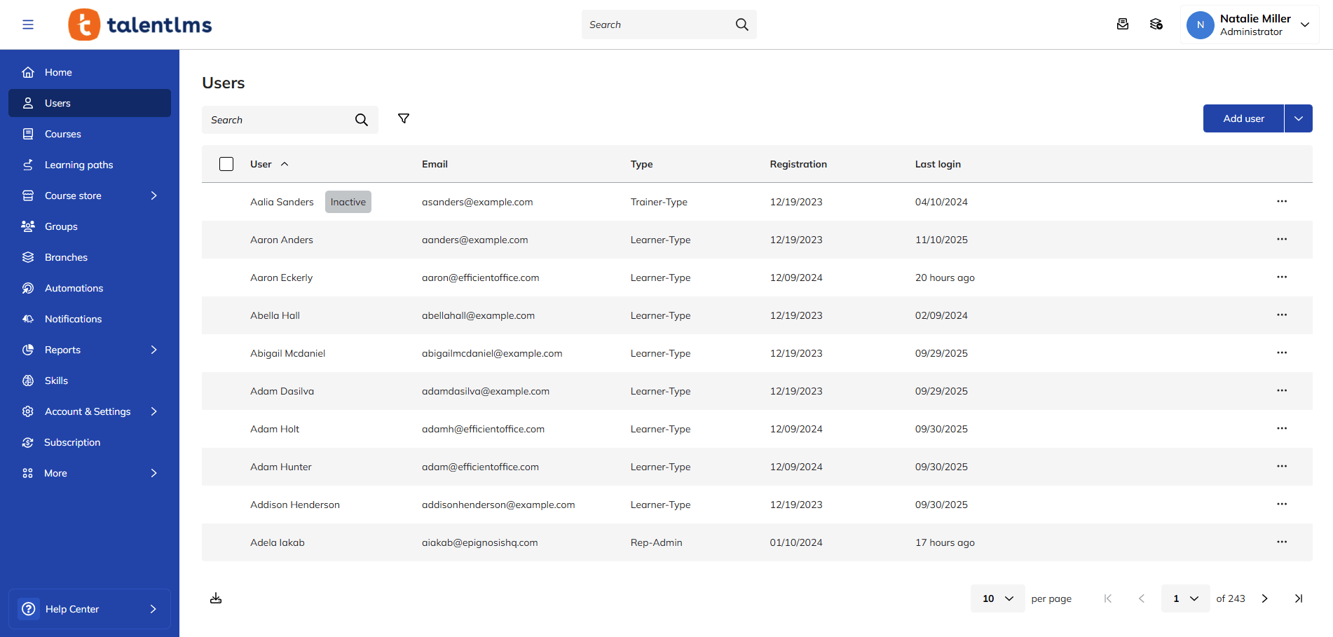 Screenshot of TalentLMS user management feature