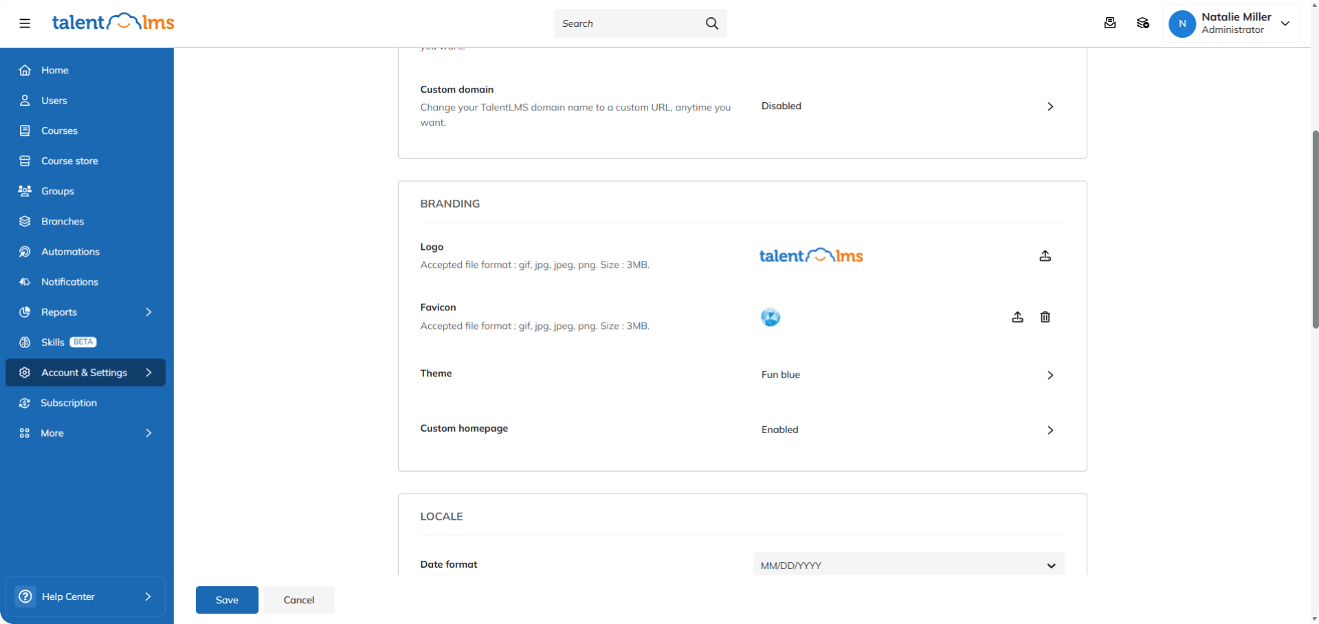 Account customization and branding in TalentLMS.