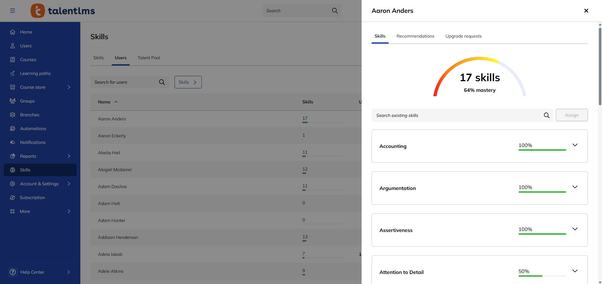 Admin - Skills - Users - Inside a user