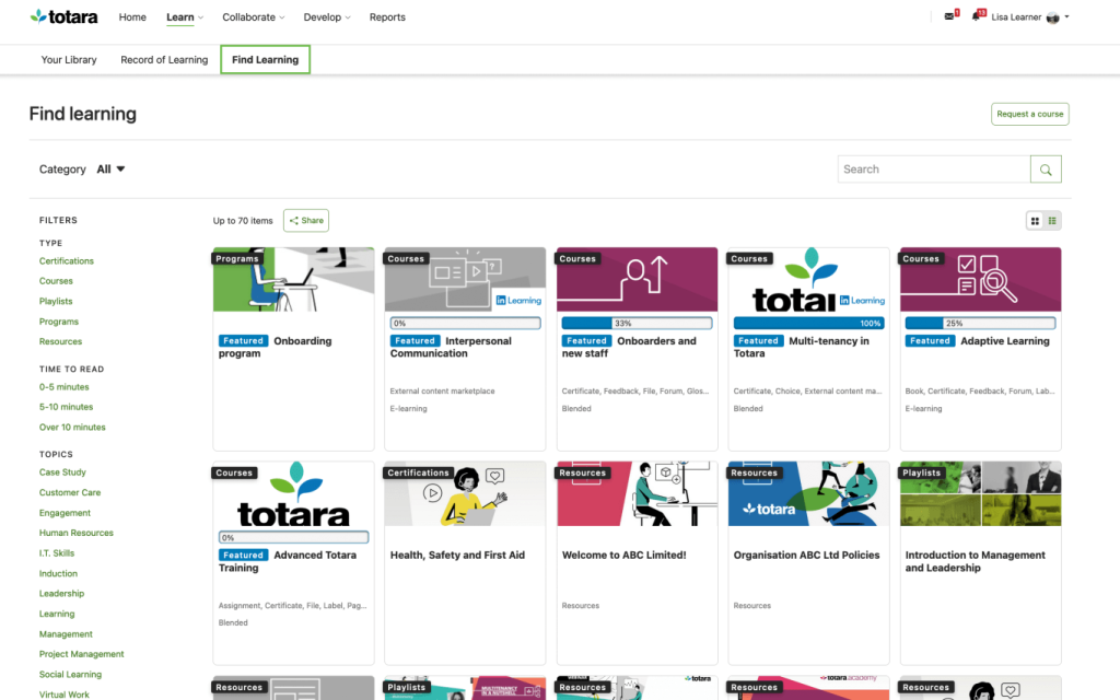 Totara learn homepage